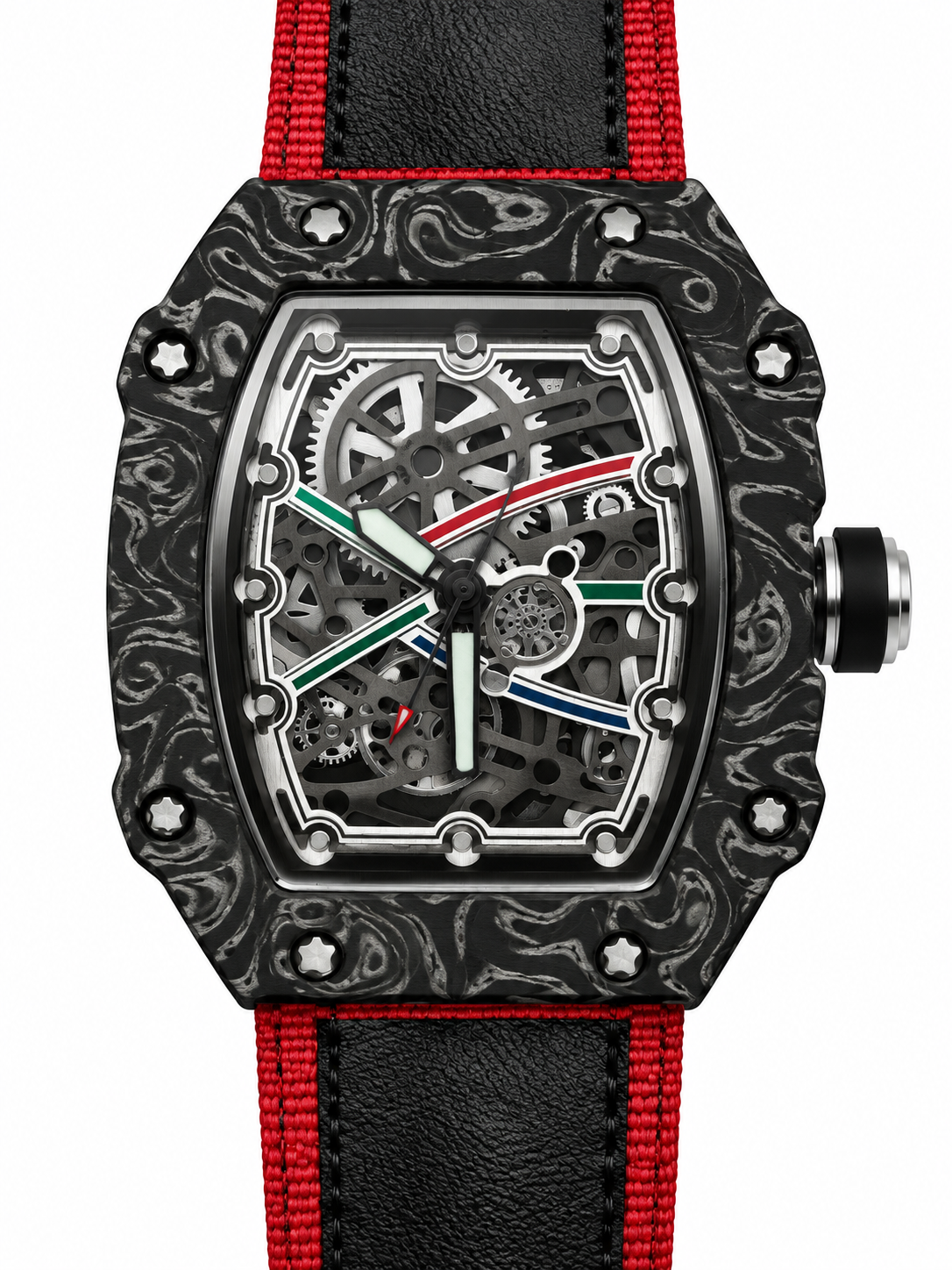 Orologio con cassa tonneau scura decorata a volute, quadrante a effetto scheletrato e cinturino nero con bordi rossi