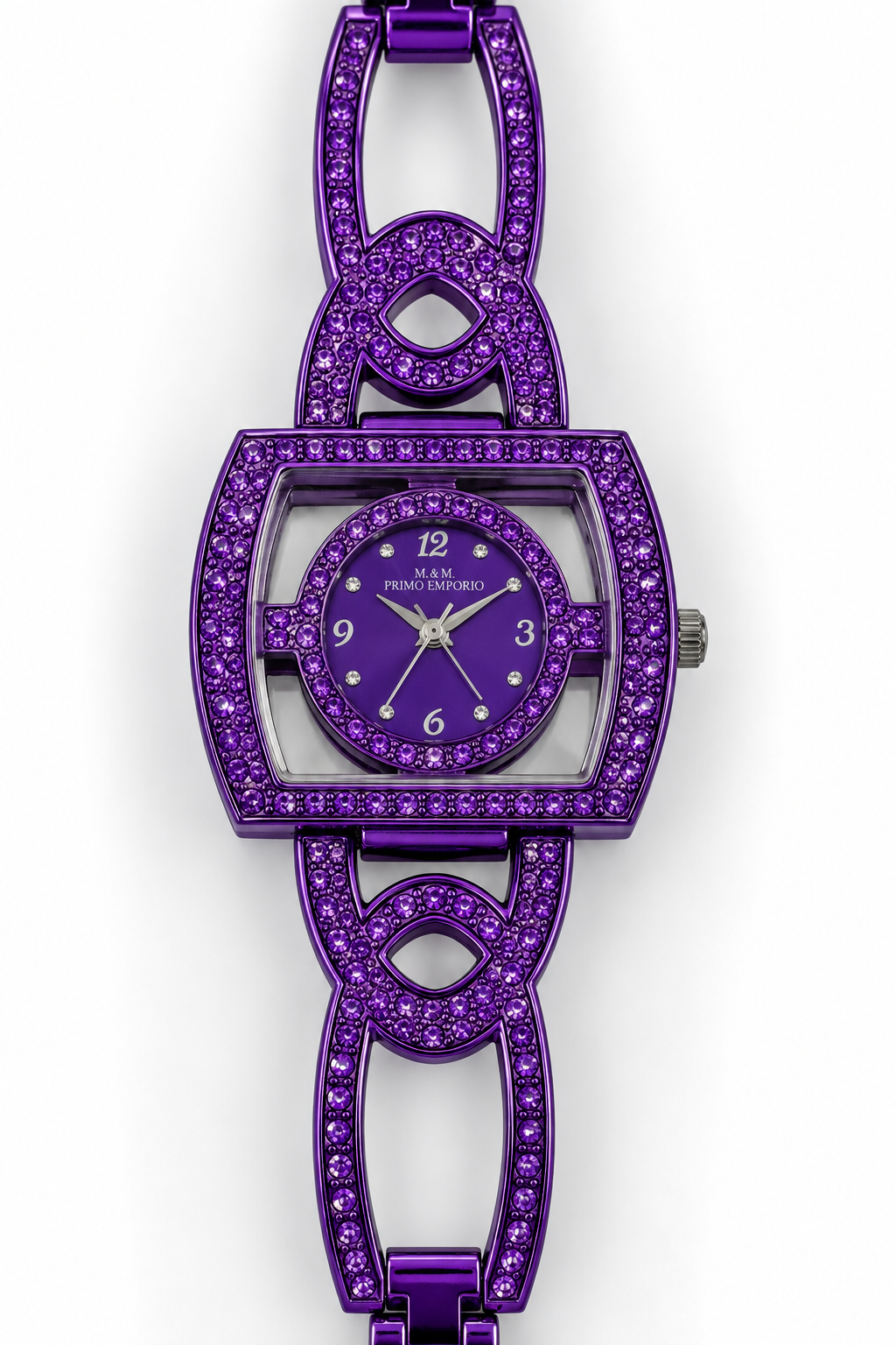 M&M Primo Emporio 21-68 – Orologio Donna Bracciale Rigido Cristalli Pavé Cassa Scheletrata | Nero, Viola, Blu, Verde, Marrone