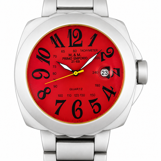 Orologio Primo Emporio Quartz Uomo Data Bracciale Acciaio Rosso Oversize Vintage