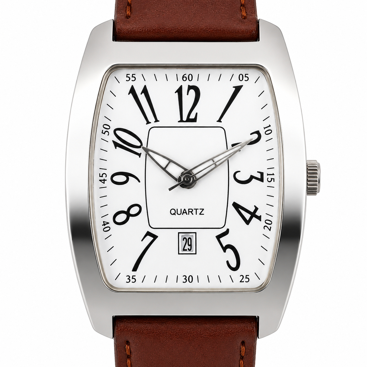 Orologio Uomo Donna Quartz Rettangolare Data Cinturino Pelle Marrone Acciaio