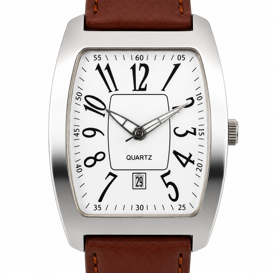 Orologio Uomo Donna Quartz Rettangolare Data Cinturino Pelle Marrone Acciaio