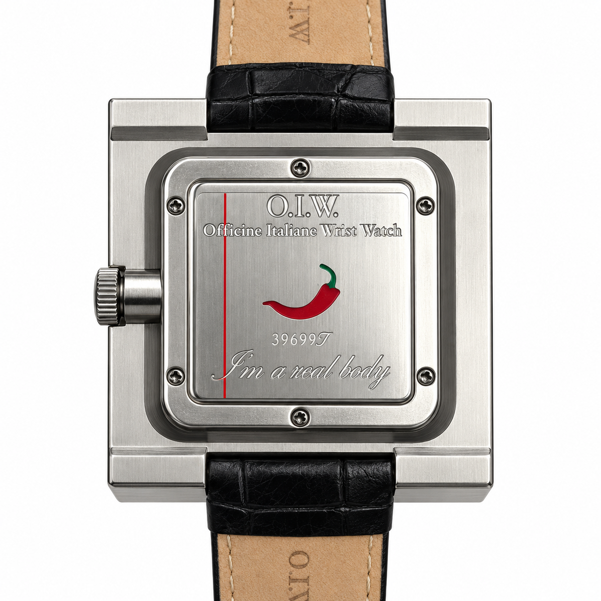 Orologio O.I.W. con cassa quadrata argentata, quadrante bianco e cinturino nero
