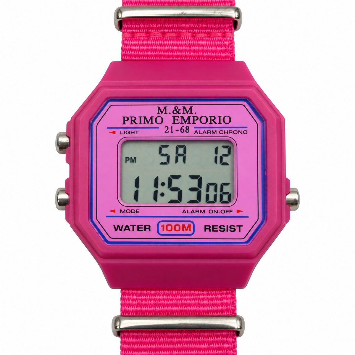 Orologio digitale M&M Primo Emporio 21-68 fucsia con cinturino in tessuto e passanti color argento, vista frontale