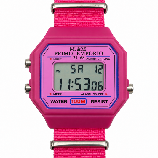 Orologio digitale M&M Primo Emporio 21-68 fucsia con cinturino in tessuto e passanti color argento, vista frontale
