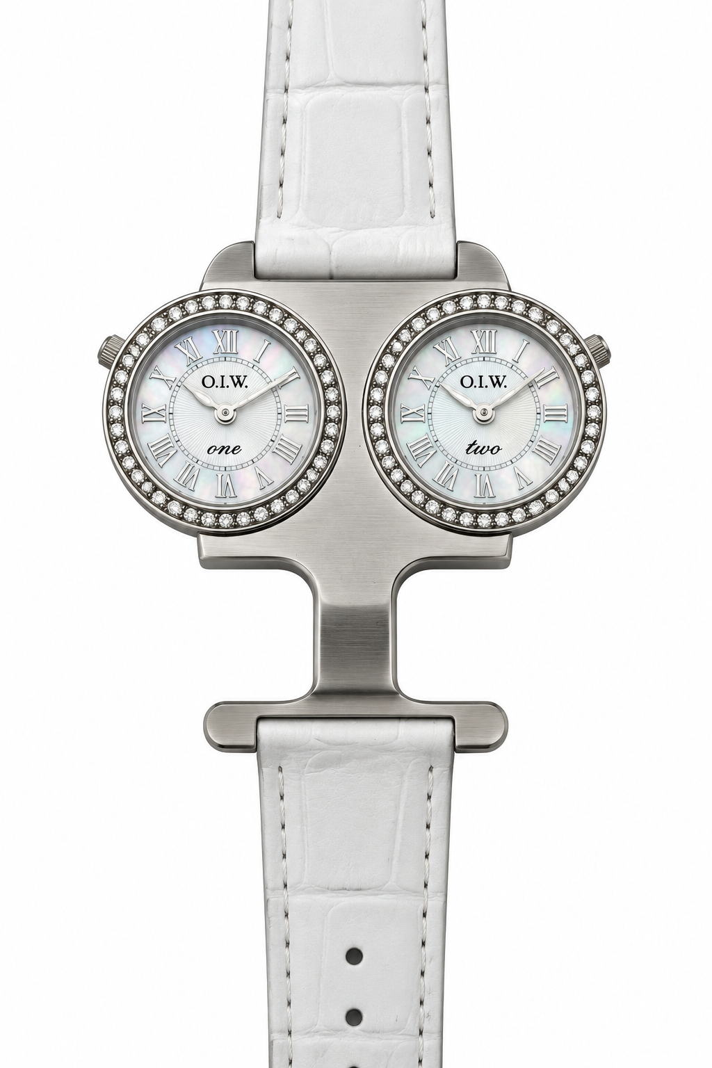 O.I.W. orologio donna doppio quadrante dual time madreperla bianca cristalli cinturino coccodrillo bianco