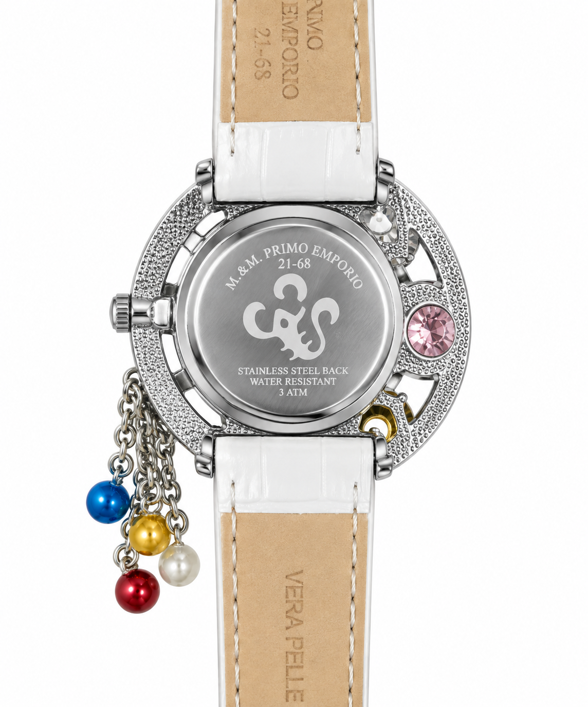 M.&M. Primo Emporio 21-68 – Orologio Donna Gioiello Cristalli Multicolor Charm Pendenti Cinturino Bianco
