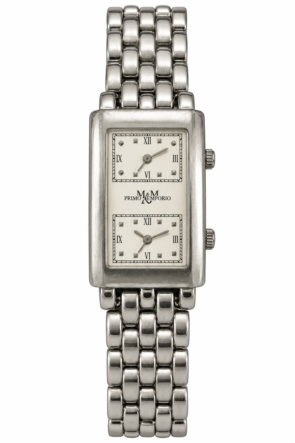 M.&M. Primo Emporio orologio donna dual time cassa rettangolare bracciale pantera acciaio silver