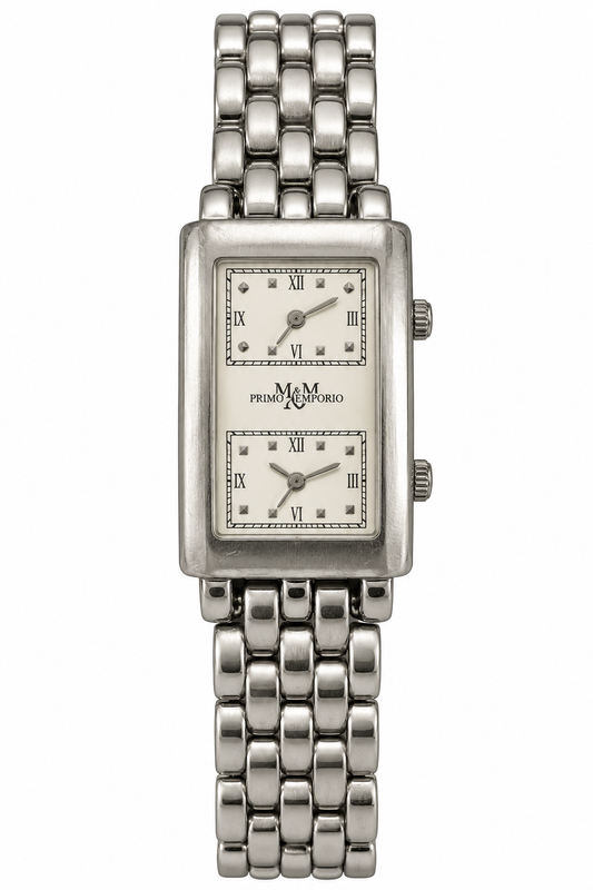 M.&M. Primo Emporio orologio donna dual time cassa rettangolare bracciale pantera acciaio silver