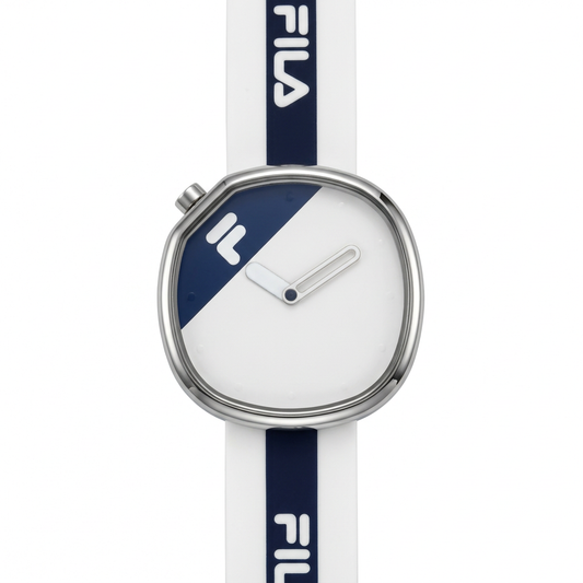 Orologio FILA bianco e blu con cassa asimmetrica in acciaio e quadrante minimal