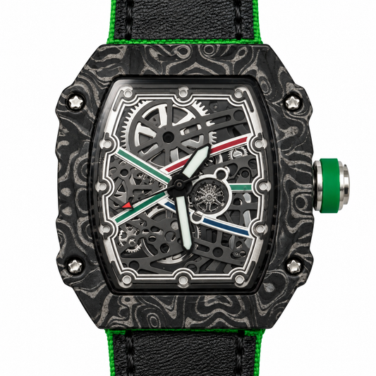 Orologio con cassa nera tonneau decorata con motivi grigi, cinturino nero bordato di verde e corona verde