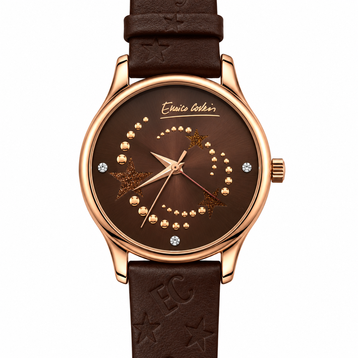 Enrico Coveri – Orologio Donna Stelle Glitter Quadrante Cioccolato Rose Gold Cinturino Marrone