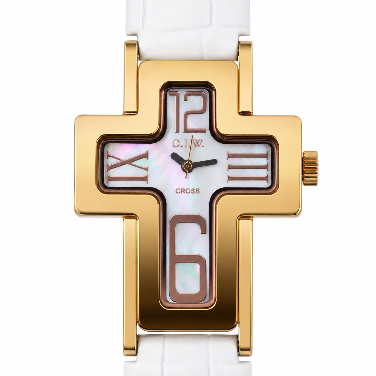 O.I.W. Cross Gold Madreperla - Orologio Donna Cassa a Croce Gold Quadrante Madreperla Cinturino Silicone Bianco