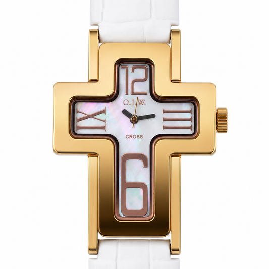 O.I.W. Cross Gold Madreperla - Orologio Donna Cassa a Croce Gold Quadrante Madreperla Cinturino Silicone Bianco