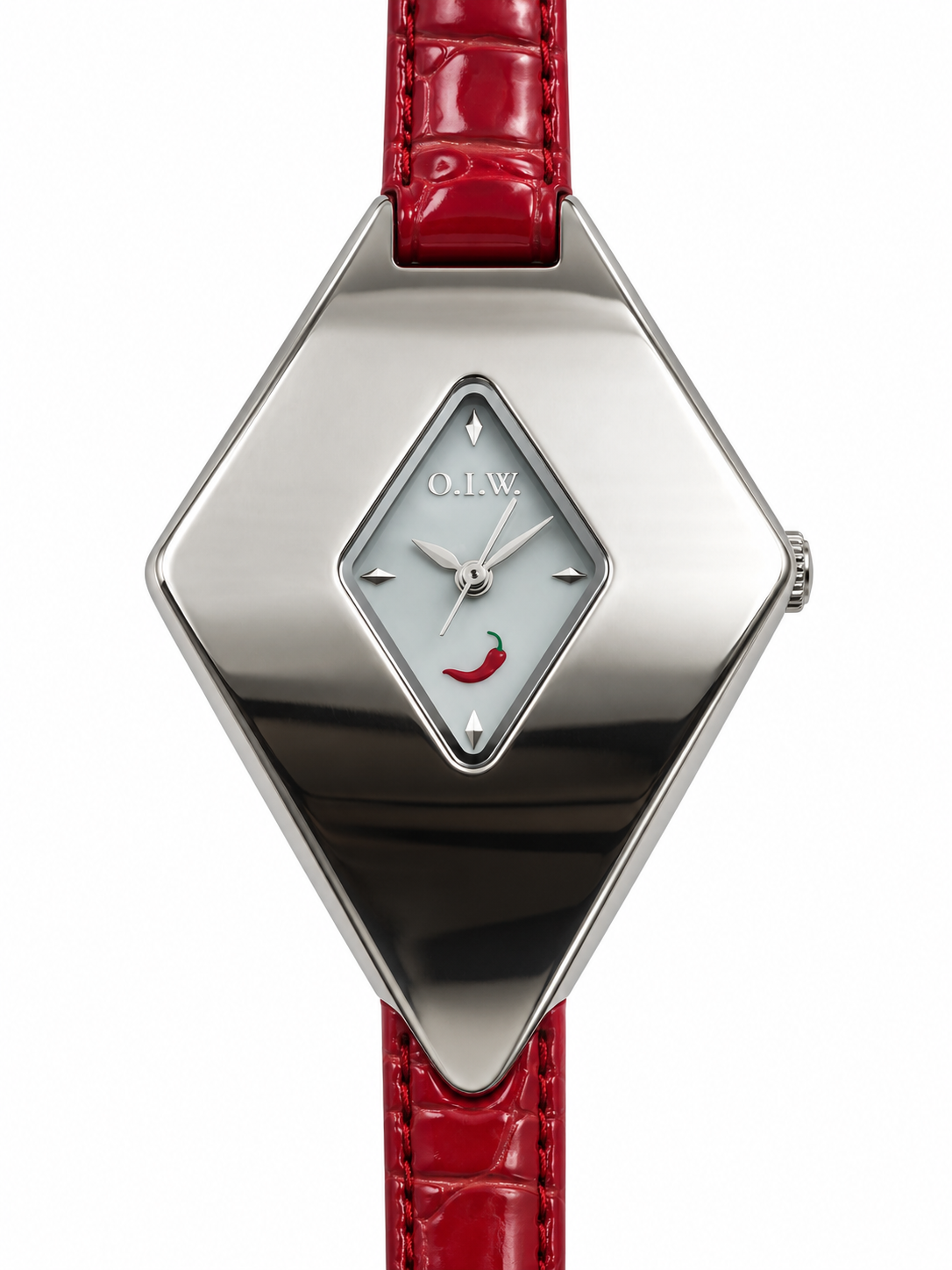 Orologio O.I.W. argentato a rombo con quadrante chiaro e cinturino rosso