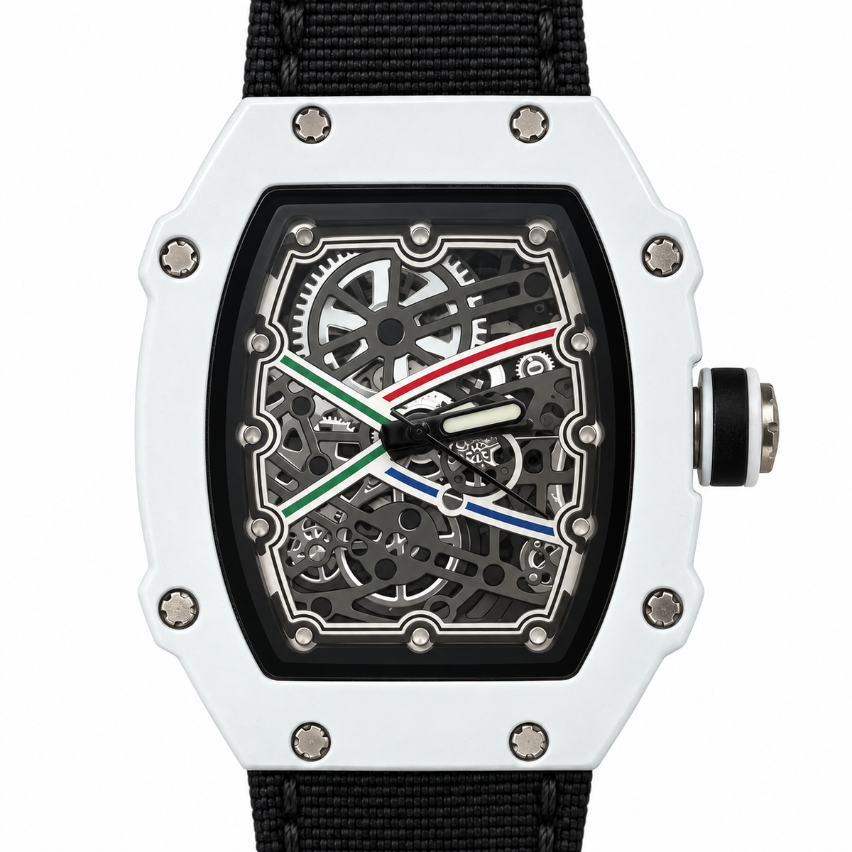 Orologio con cassa bianca tonneau, cinturino nero e quadrante scuro dall’estetica scheletrata con dettagli verdi, rossi e blu
