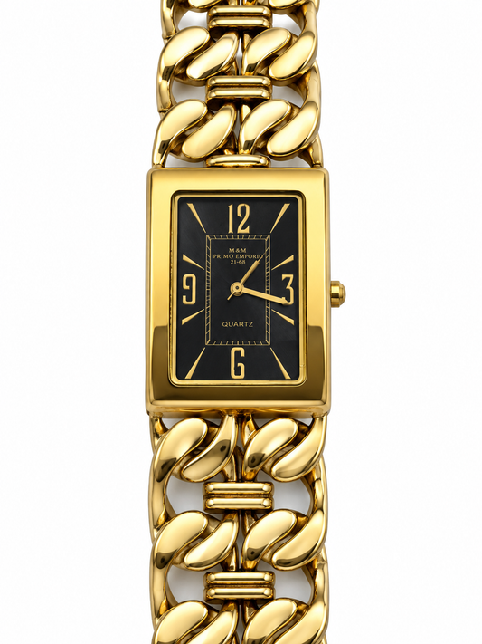Orologio M&M Primo Emporio 21-68 dorato con quadrante nero e bracciale a catena
