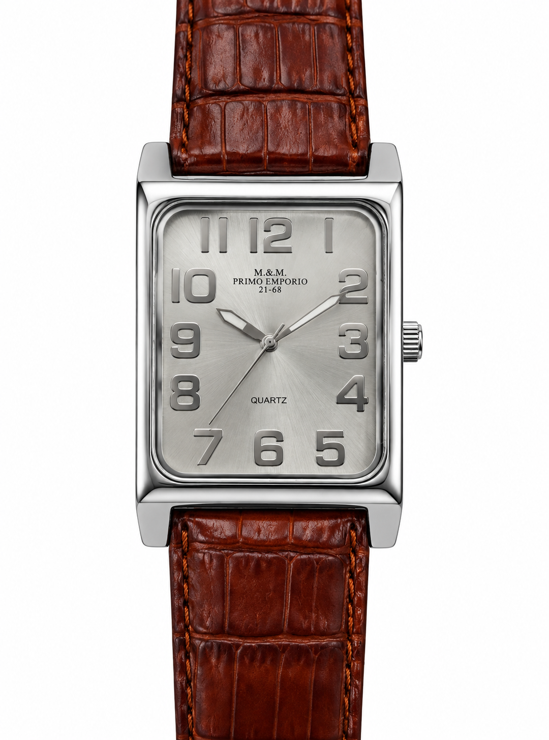 Orologio uomo M&M Primo Emporio 21-68 quadrante rettangolare argento cinturino pelle marrone coccodrillo quarzo