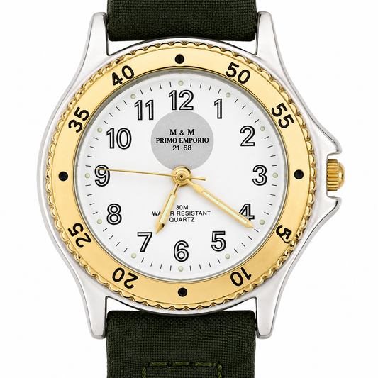 M.&M. Primo Emporio 21-68 – Orologio Uomo Sport Bicolore Bezel Dorato Cinturino Tessuto Militare 30M