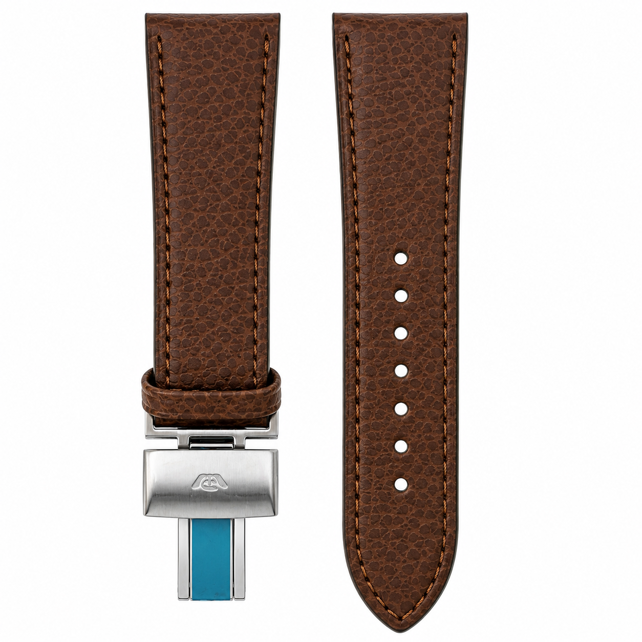 Cinturino orologio in pelle marrone granulata con cucitura a contrasto e chiusura deployante in acciaio con inserto turchese