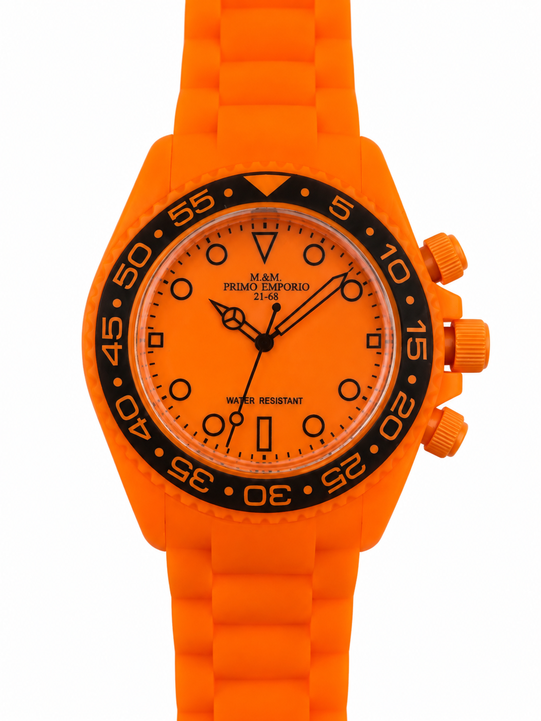 Orologio M&M Primo Emporio 21-68 arancione con ghiera nera, vista frontale