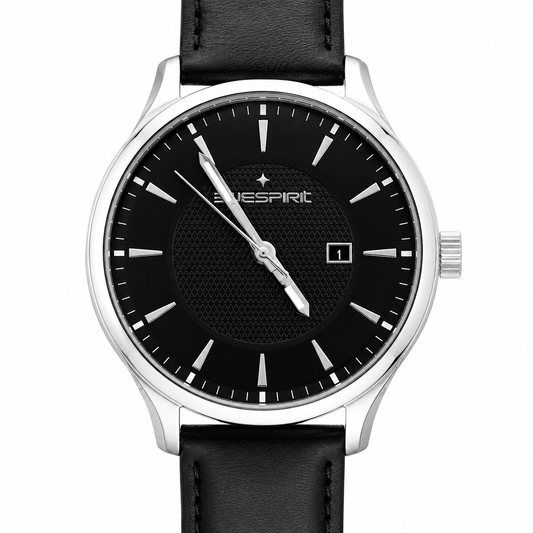 Blue Spirit Classic Watch – Quadrante Nero Guilloché, Cassa Silver e Cinturino in Pelle Nera