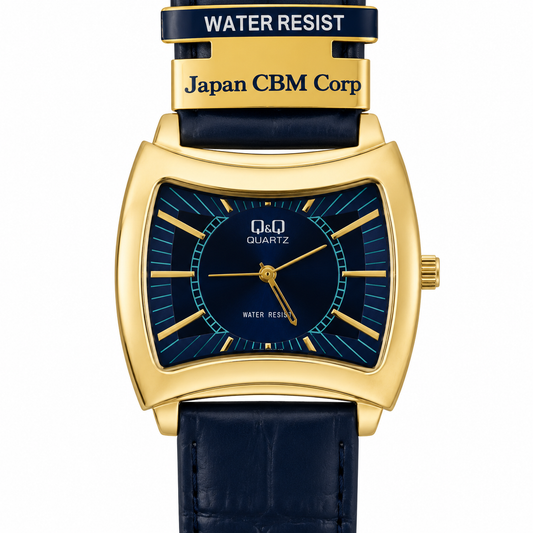 Orologio Q&Q Quartz Tonneau Gold - Quadrante Blu Navy e Cinturino in Pelle