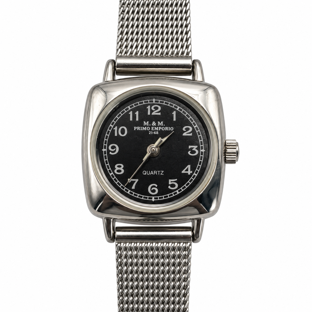 Orologio M&M Primo Emporio con quadrante nero, cassa a cuscino e bracciale a maglia milanese