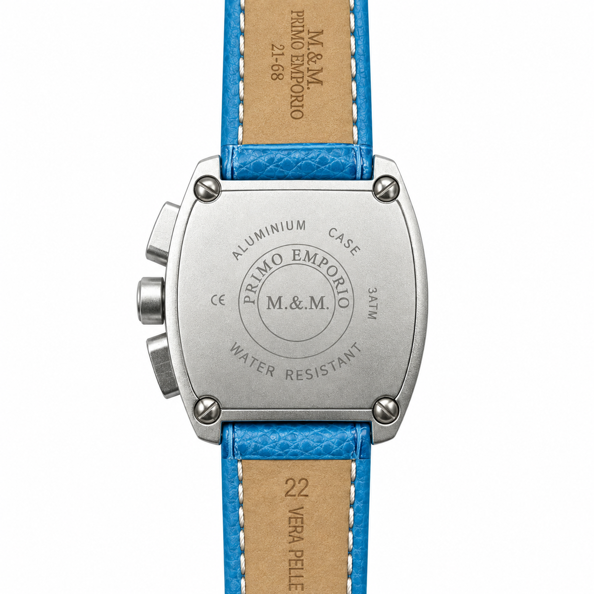 M.&M. Primo Emporio 21-68 — Cronografo Uomo Cassa Tonneau Bezel Cristalli Blu Quadrante Azzurro