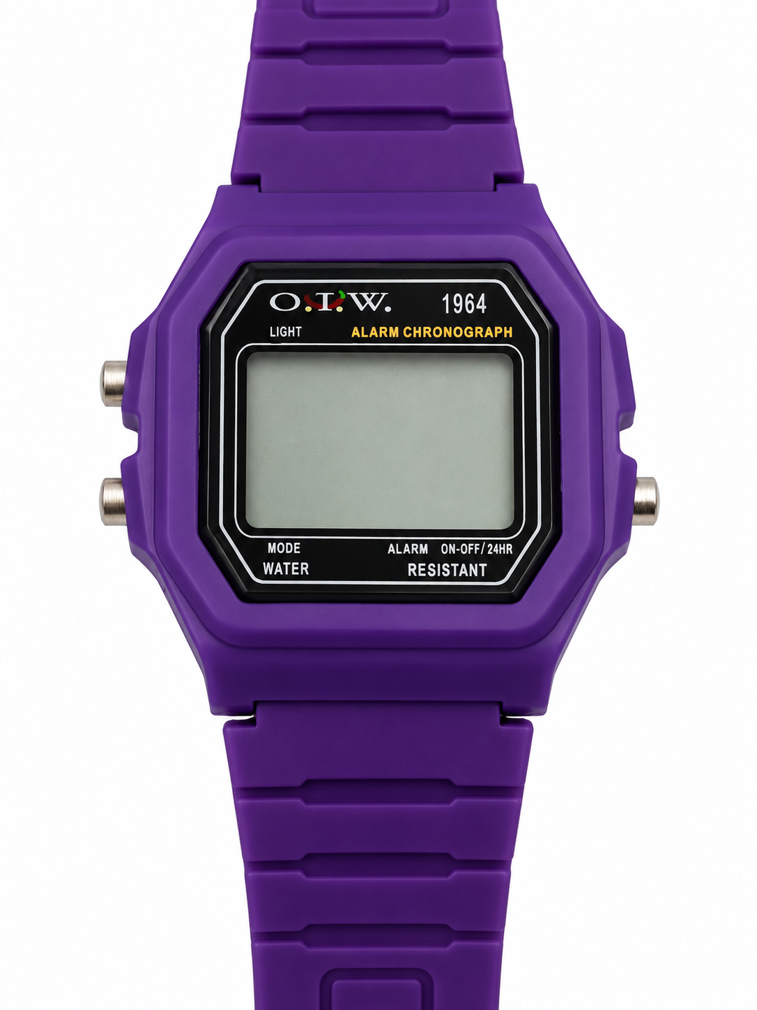 Orologio digitale O.I.W. 1964 viola con cornice nera e stile rétro