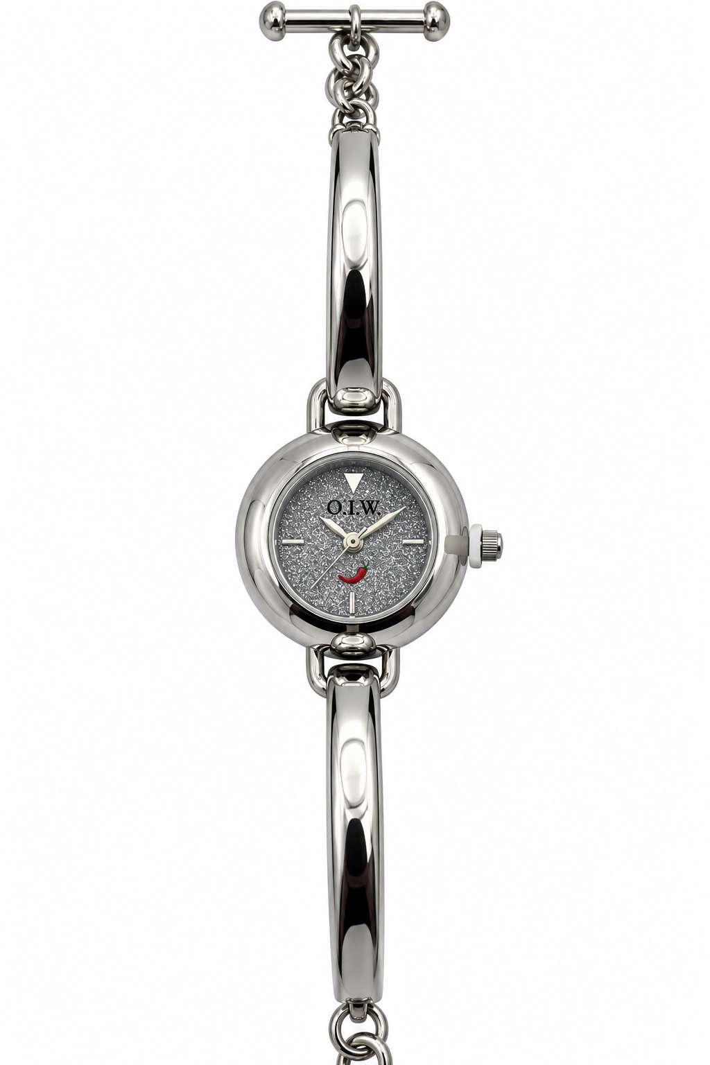 O.I.W. orologio donna micro cassa glitter argento bracciale bangle T-bar catena acciaio lucido