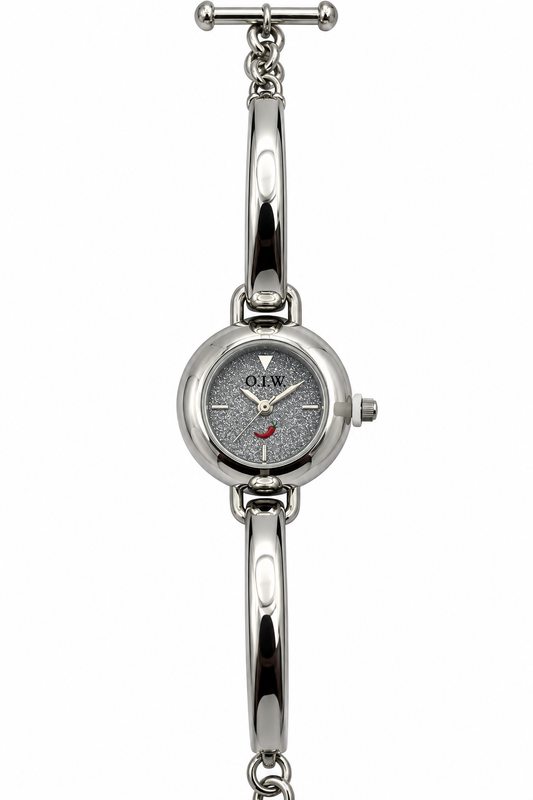 O.I.W. orologio donna micro cassa glitter argento bracciale bangle T-bar catena acciaio lucido