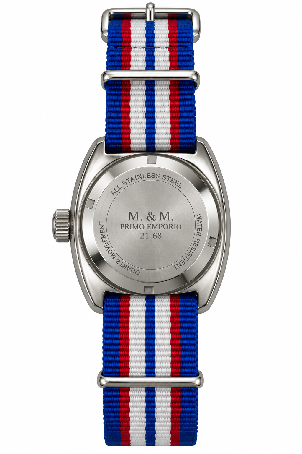 M.&M. Primo Emporio 21-68 – Orologio Unisex Cassa Acciaio Quarzo Cinturino NATO | Blu, Verde, Rosso, Bianco