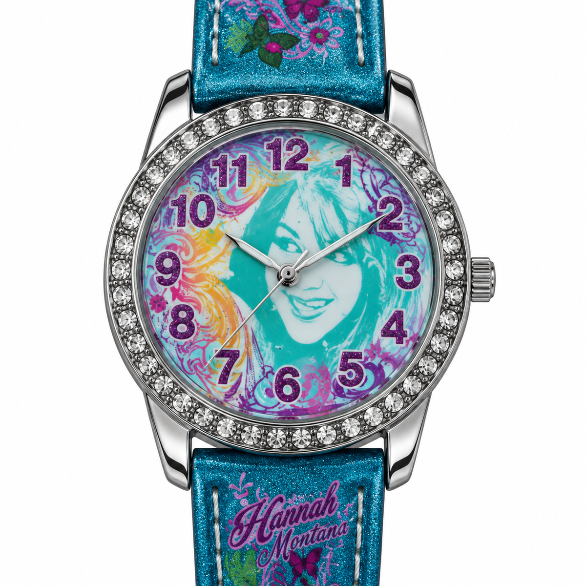 Orologio bambina Hannah Montana con quadrante illustrato, lunetta con cristalli e cinturino turchese brillante