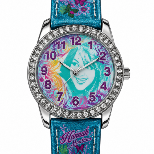 Orologio bambina Hannah Montana con quadrante illustrato, lunetta con cristalli e cinturino turchese brillante