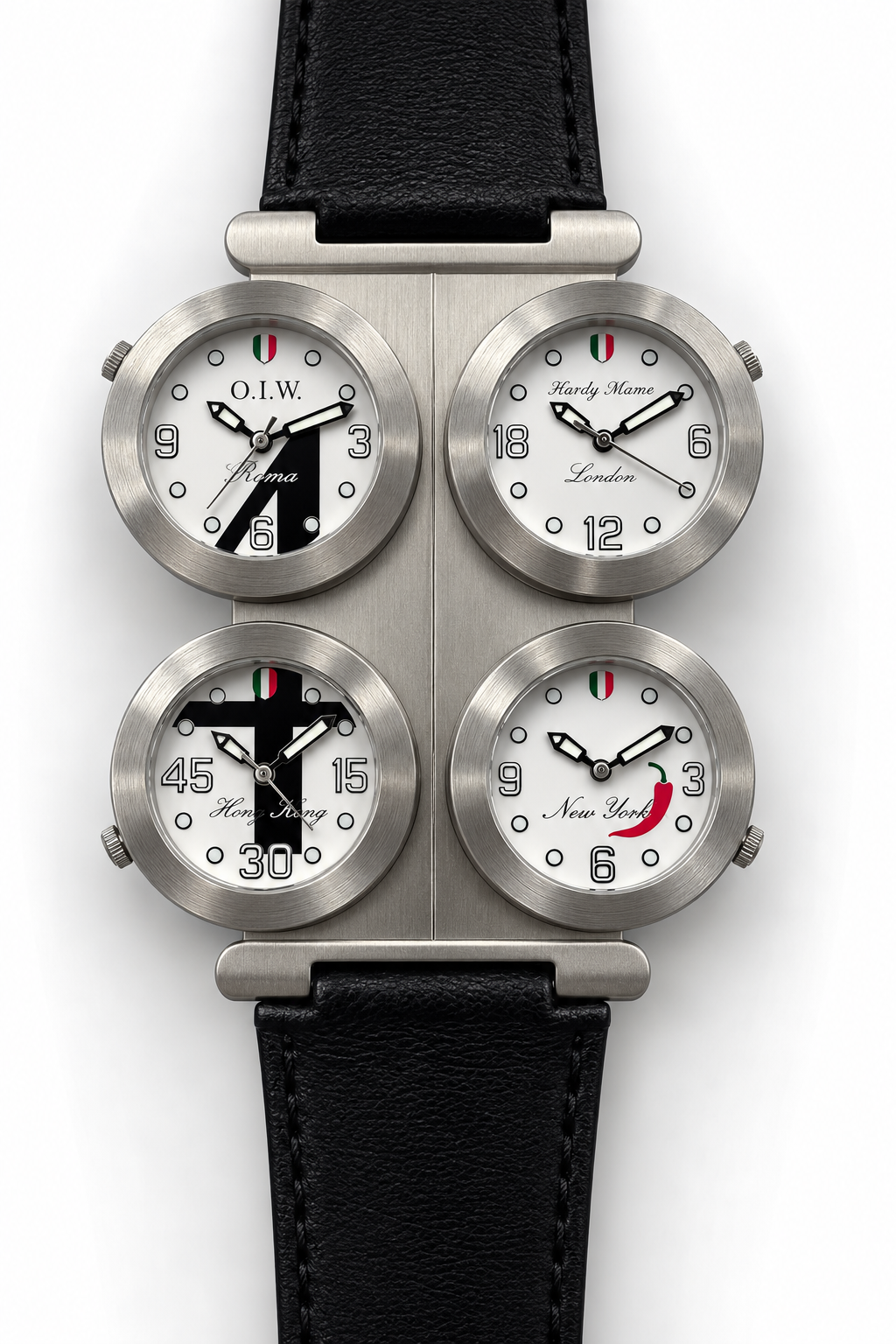 O.I.W. Officine Italiane Watch 4 Time Zones Roma London Hong Kong New York Acciaio