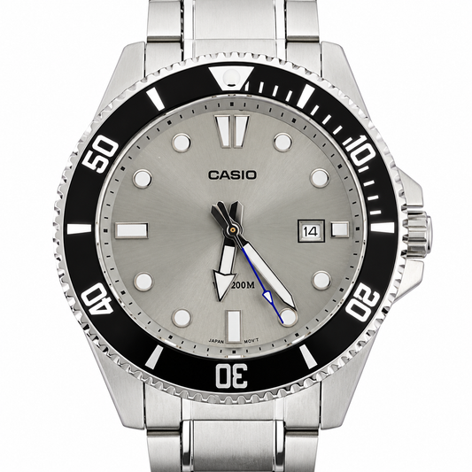 Casio MDV-107D - Orologio Uomo Diver 200M Quadrante Grigio Lunetta Nera Bracciale Acciaio