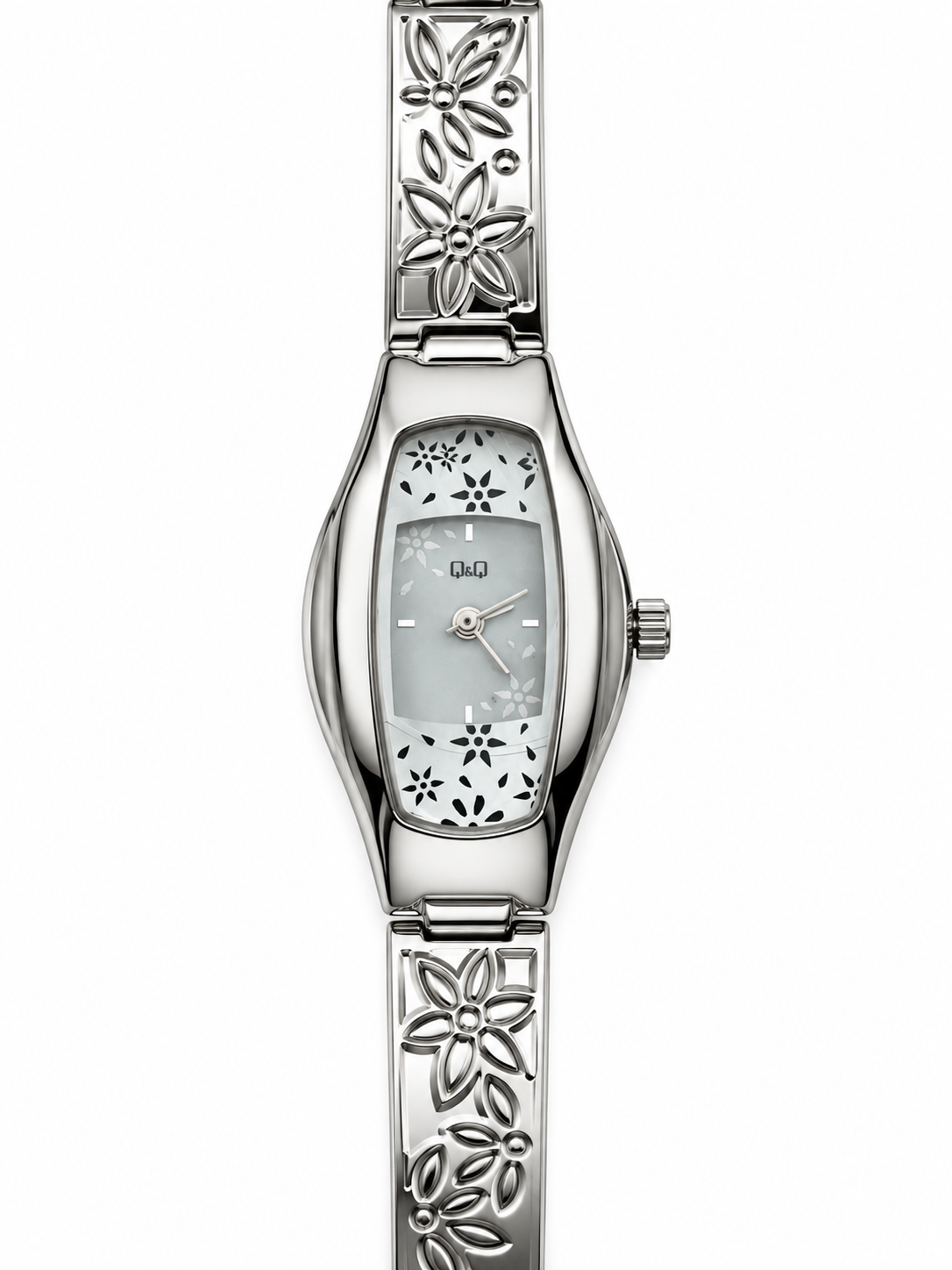 Orologio Q&Q argentato con quadrante chiaro e bracciale floreale