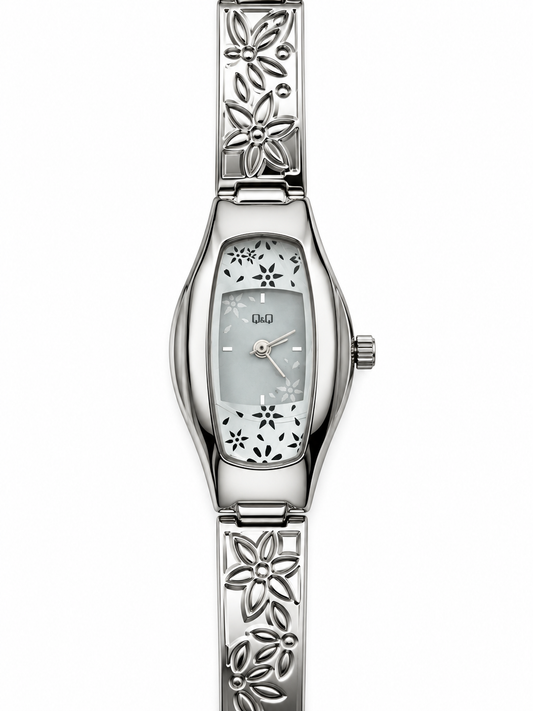 Orologio Q&Q argentato con quadrante chiaro e bracciale floreale