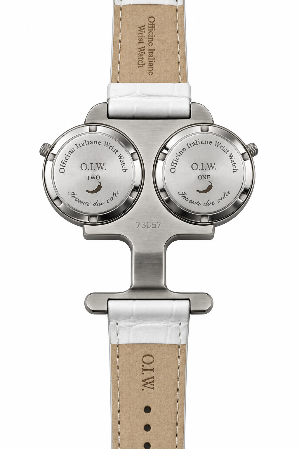 O.I.W. — Orologio Donna Doppio Quadrante Dual Time Madreperla Cristalli Cinturino Coccodrillo Bianco