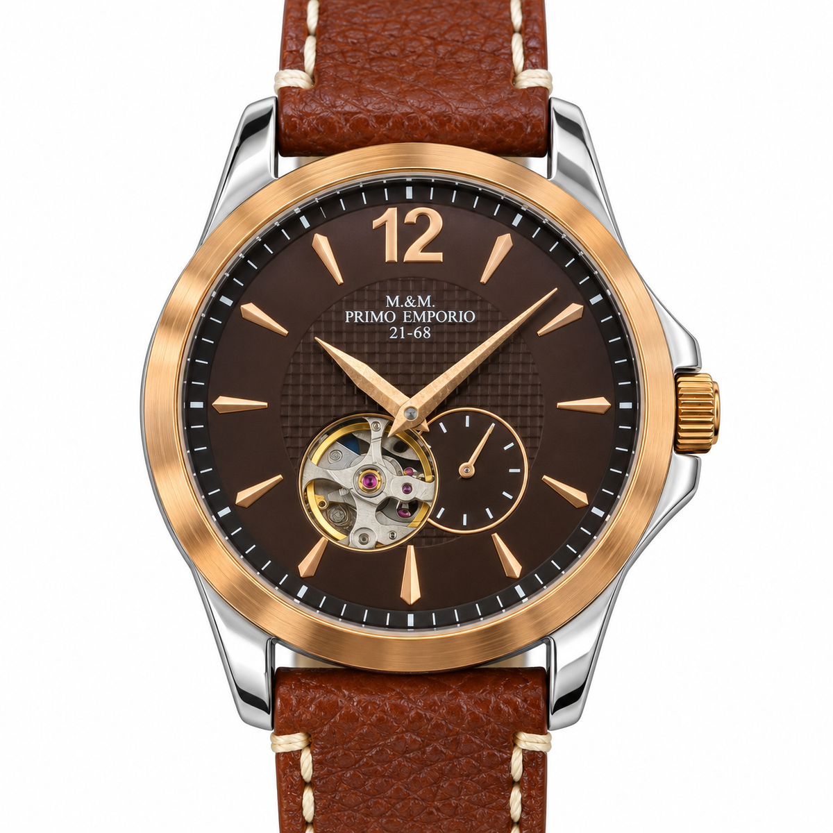 Orologio automatico M&M Primo Emporio 21-68 con quadrante marrone open heart, lunetta color oro rosa e cinturino marrone