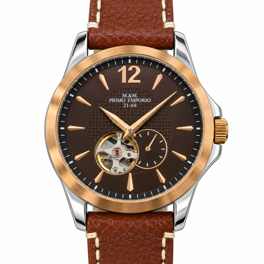 Orologio automatico M&M Primo Emporio 21-68 con quadrante marrone open heart, lunetta color oro rosa e cinturino marrone
