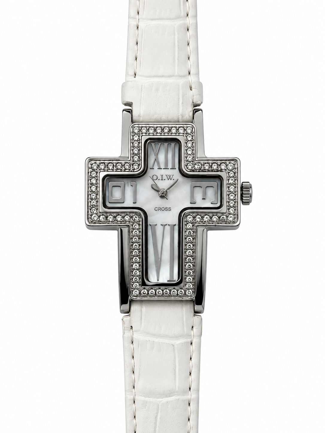 O.I.W. Cross – Orologio Donna Cassa Croce Strass Madreperla Numeri Romani Quarzo | Cinturino Nero o Bianco
