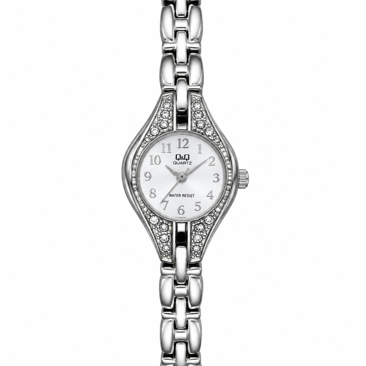 Orologio Q&Q da donna in acciaio con cassa a goccia, strass e quadrante bianco con numeri arabi
