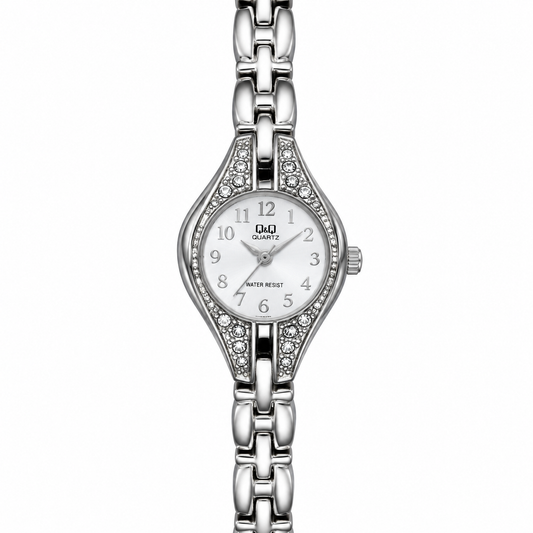 Orologio Q&Q da donna in acciaio con cassa a goccia, strass e quadrante bianco con numeri arabi