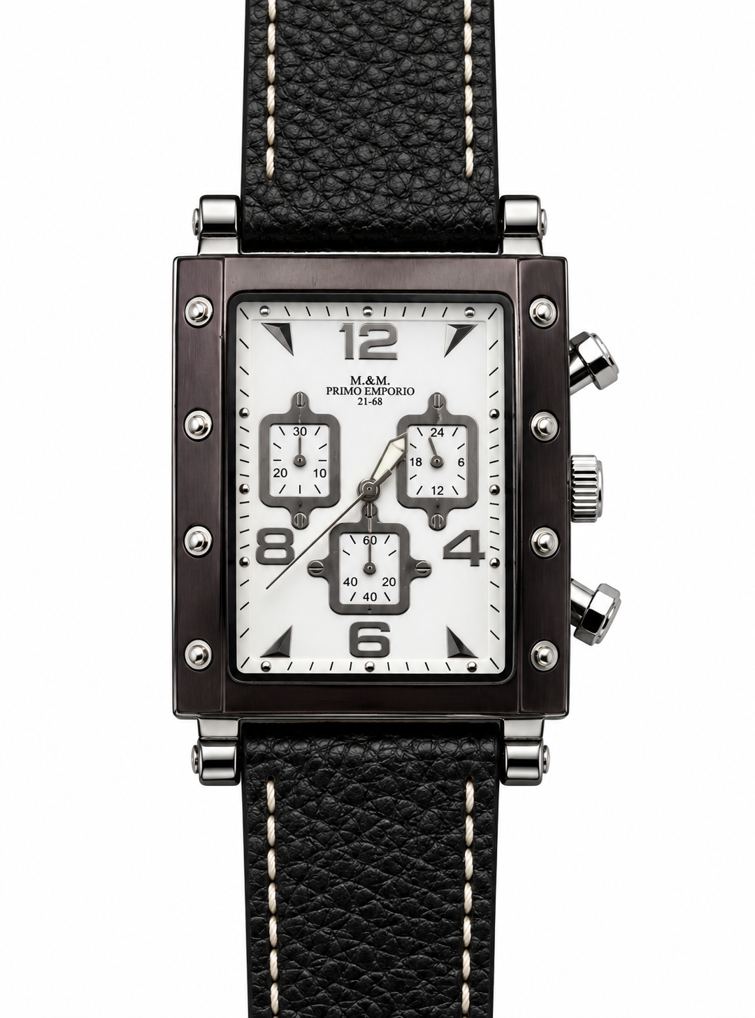 Orologio uomo M&M Primo Emporio 21-68 cronografo quadrato doppio telaio PVD nero 8 viti contatori quadrati cinturino pelle nera cuciture bianche