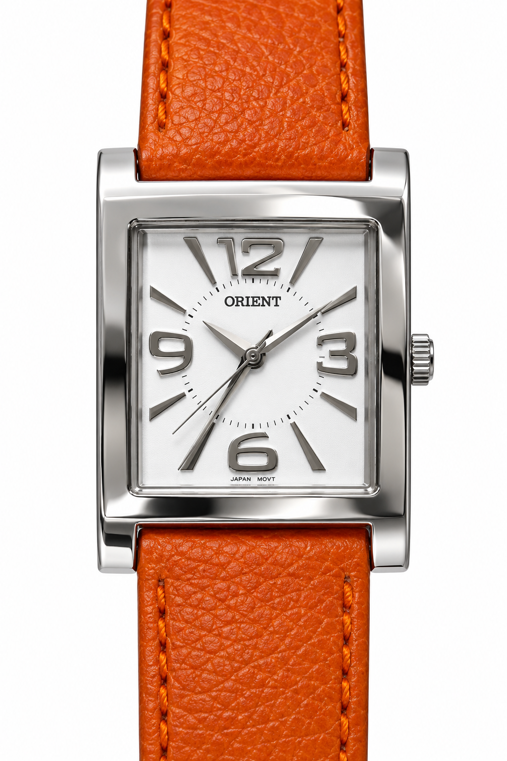 Orient orologio rettangolare con quadrante bianco e cinturino arancione