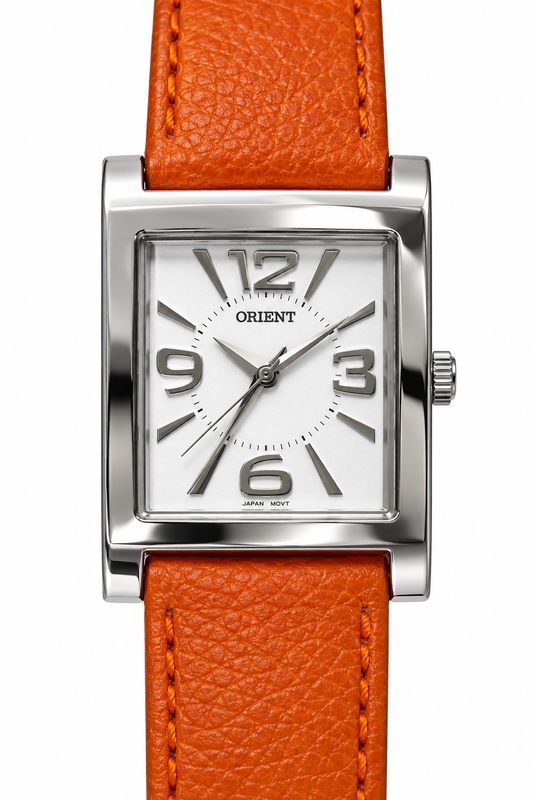 Orient orologio rettangolare con quadrante bianco e cinturino arancione