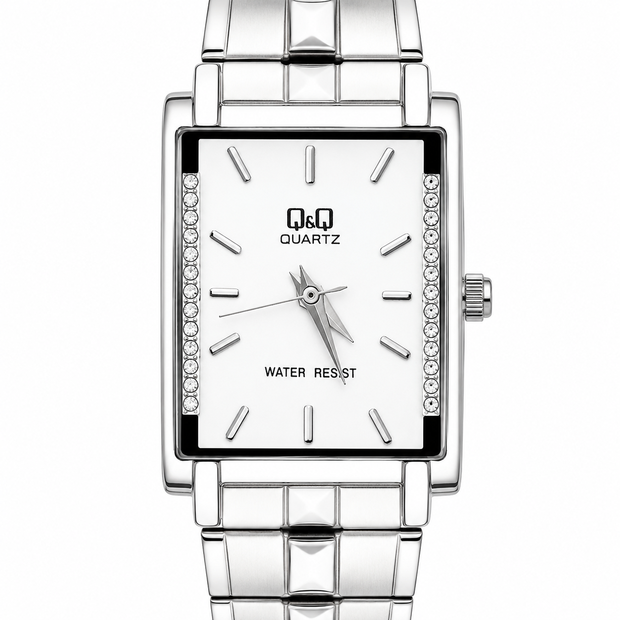 Orologio Q&Q Quartz Rettangolare con Cristalli - Quadrante Bianco e Bracciale in Acciaio