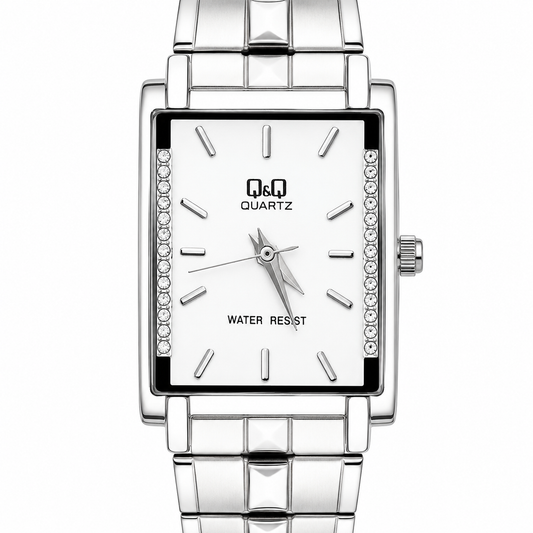 Orologio Q&Q Quartz Rettangolare con Cristalli - Quadrante Bianco e Bracciale in Acciaio