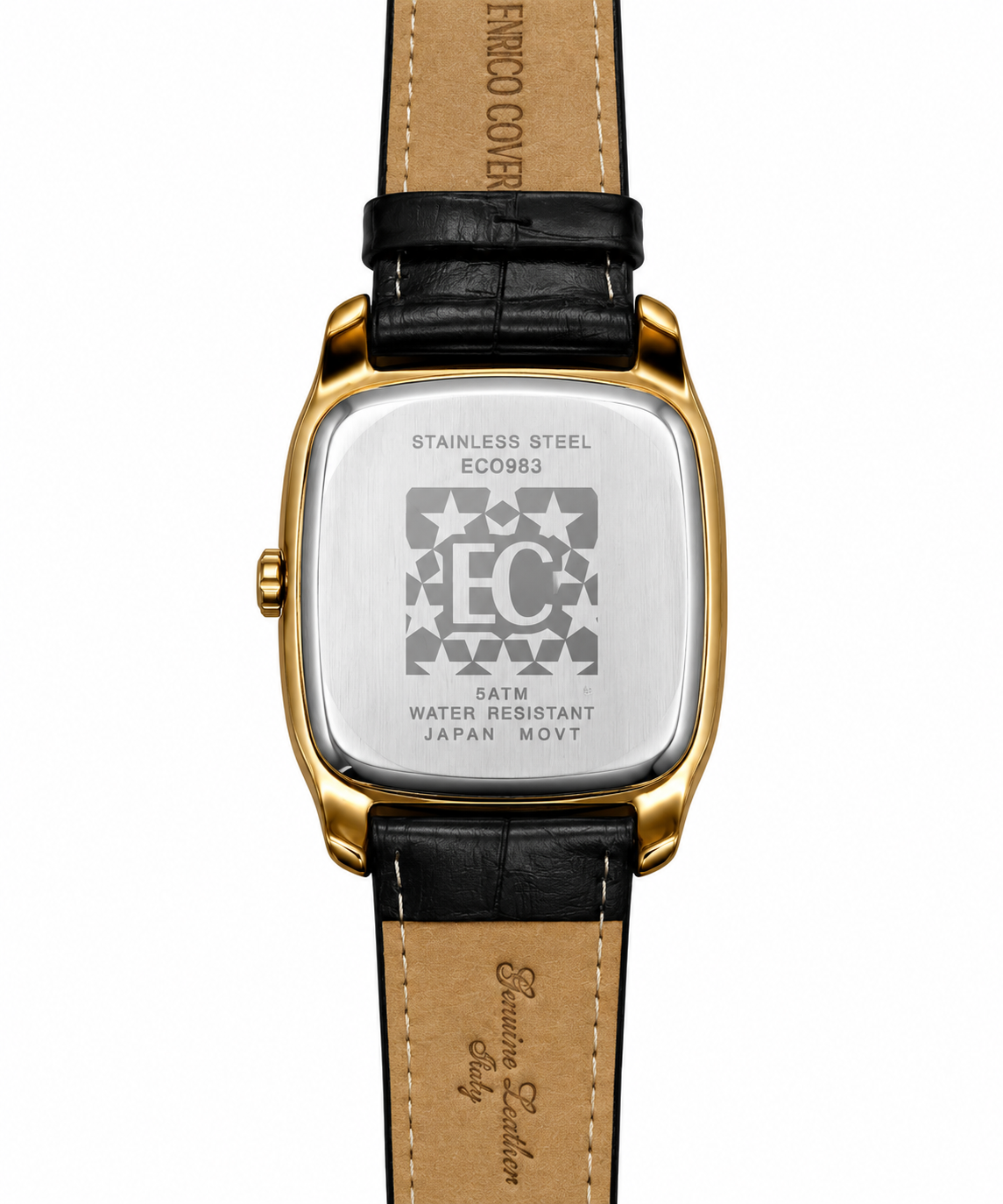 Enrico Coveri – Orologio Uomo Cushion Gold Quadrante Nero Data Cinturino Coccodrillo
